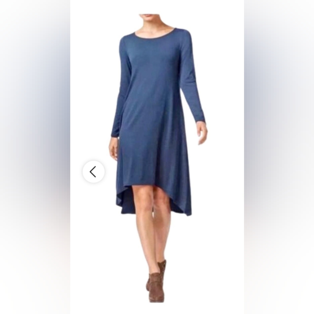 Eileen Fisher Small Viscose Blend Blue Long Sleeve Dress Hi Lo Hemline Stretch
